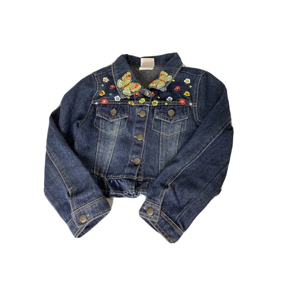 Nannette Kids Dark Wash Floral Butterfly Embroidered Denim Jacket, Sz 6 Ruffles - Picture 10 of 12